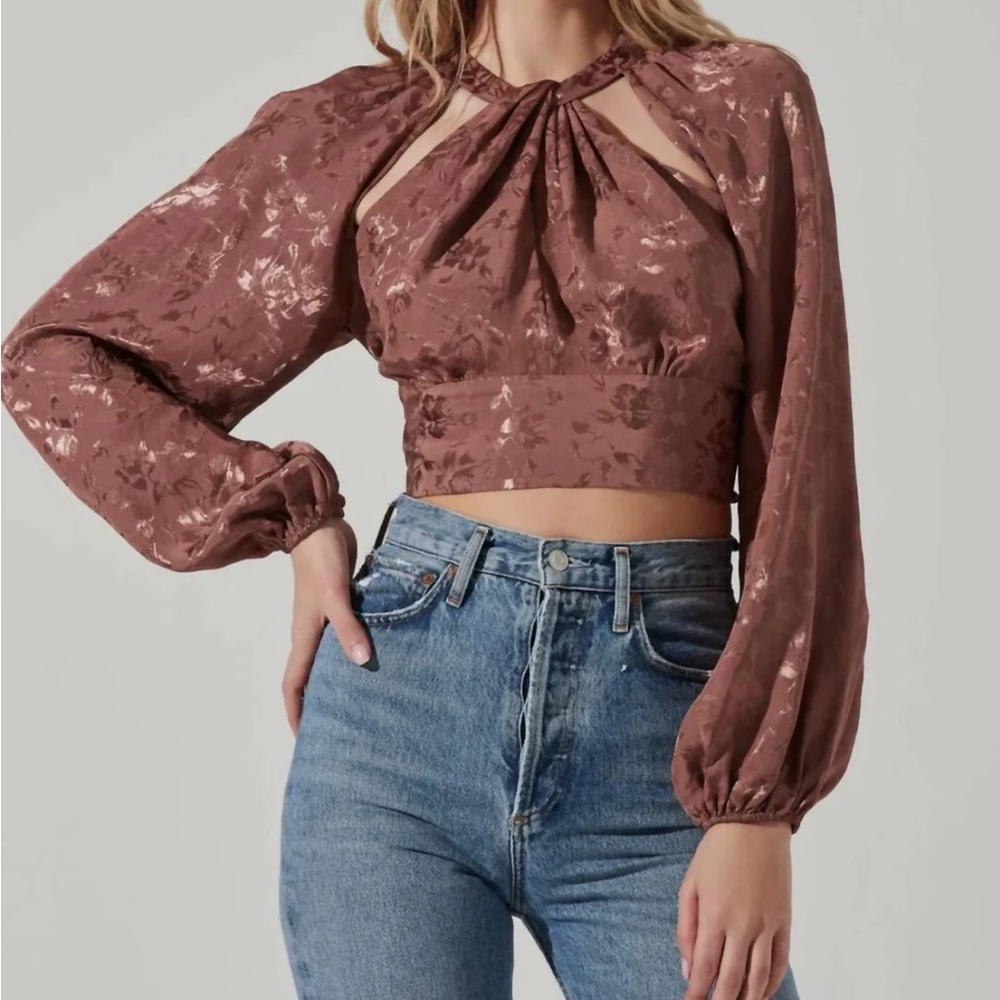Astr Betsy Floral Cutout Long Sleeve Top in Brown Jacquard Blouse Size Small